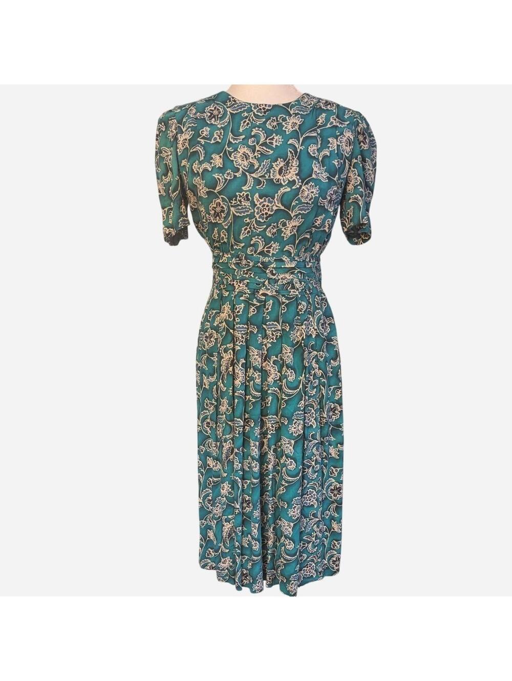 80s Karin Cobalt Navy Teal White Paisley Floral Midi Dress Vintage Size 6